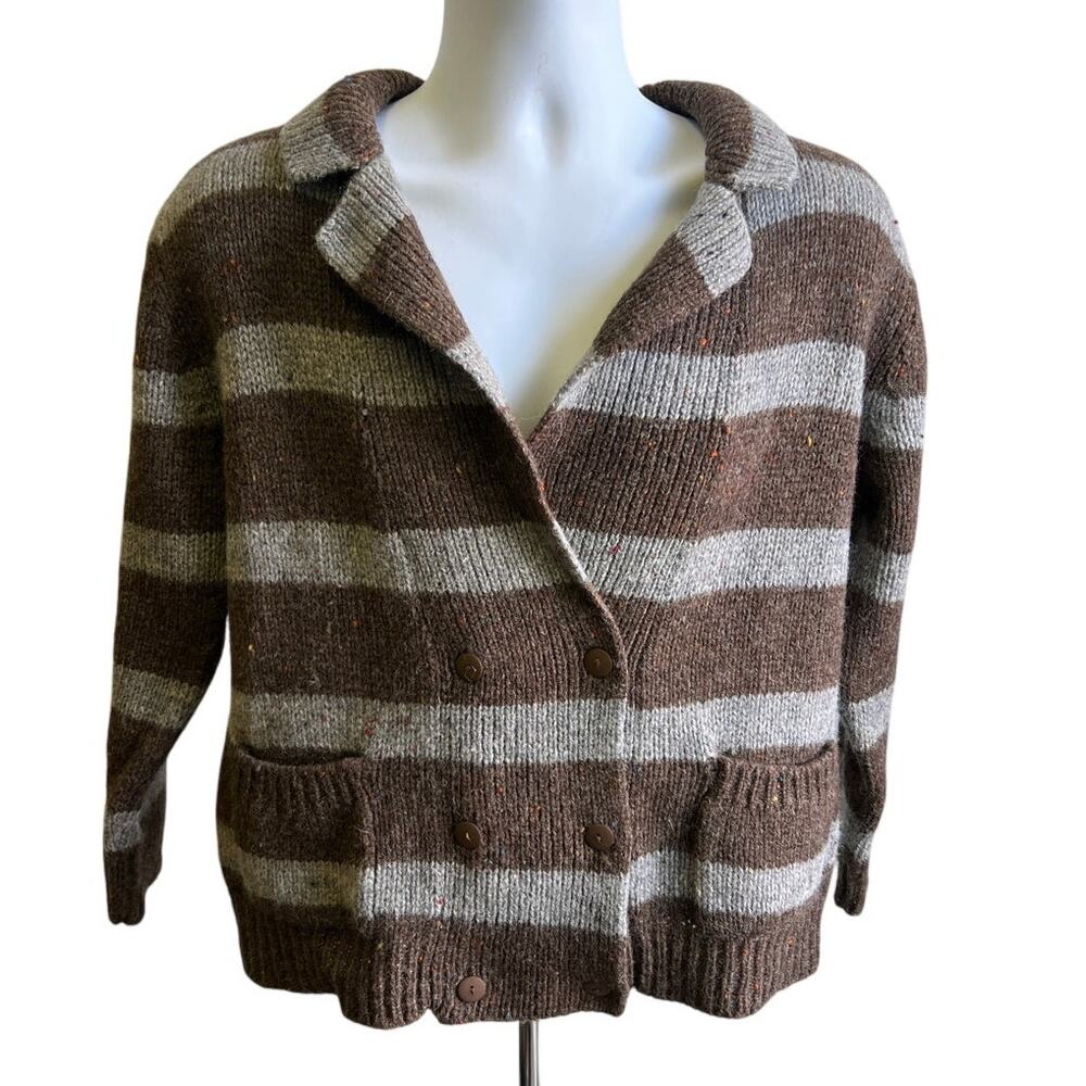 🧶 Vintage Raemar 100% Wool Sweater SZ S Brown Gray Stripe Made Taiwan R.O.C.